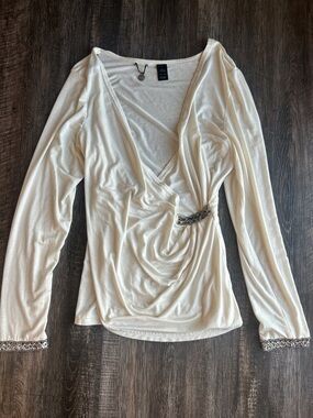 BKE Cream Draped Wrap Top with Embellished Accents